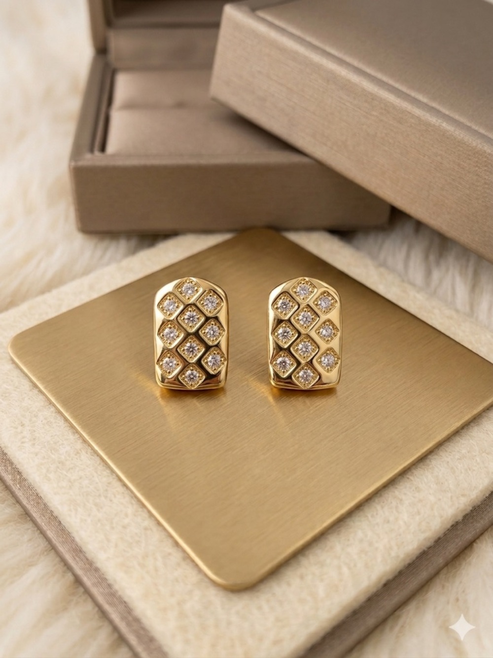 14k Gold - Filled Quilted CZ Accent Pushback Earrings